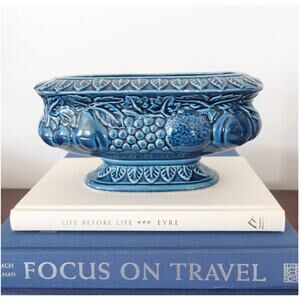 Vintage Blue Ceramic Pedestal Fruit Planter E.O Brody A-1430 Oval Planter